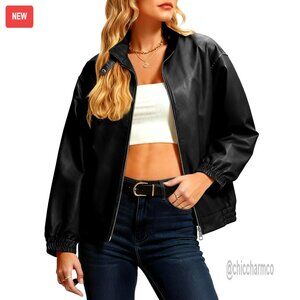 Oversized Faux Leather Bomber Jacket Double Zipper Motorcycle Chic Winter Coat